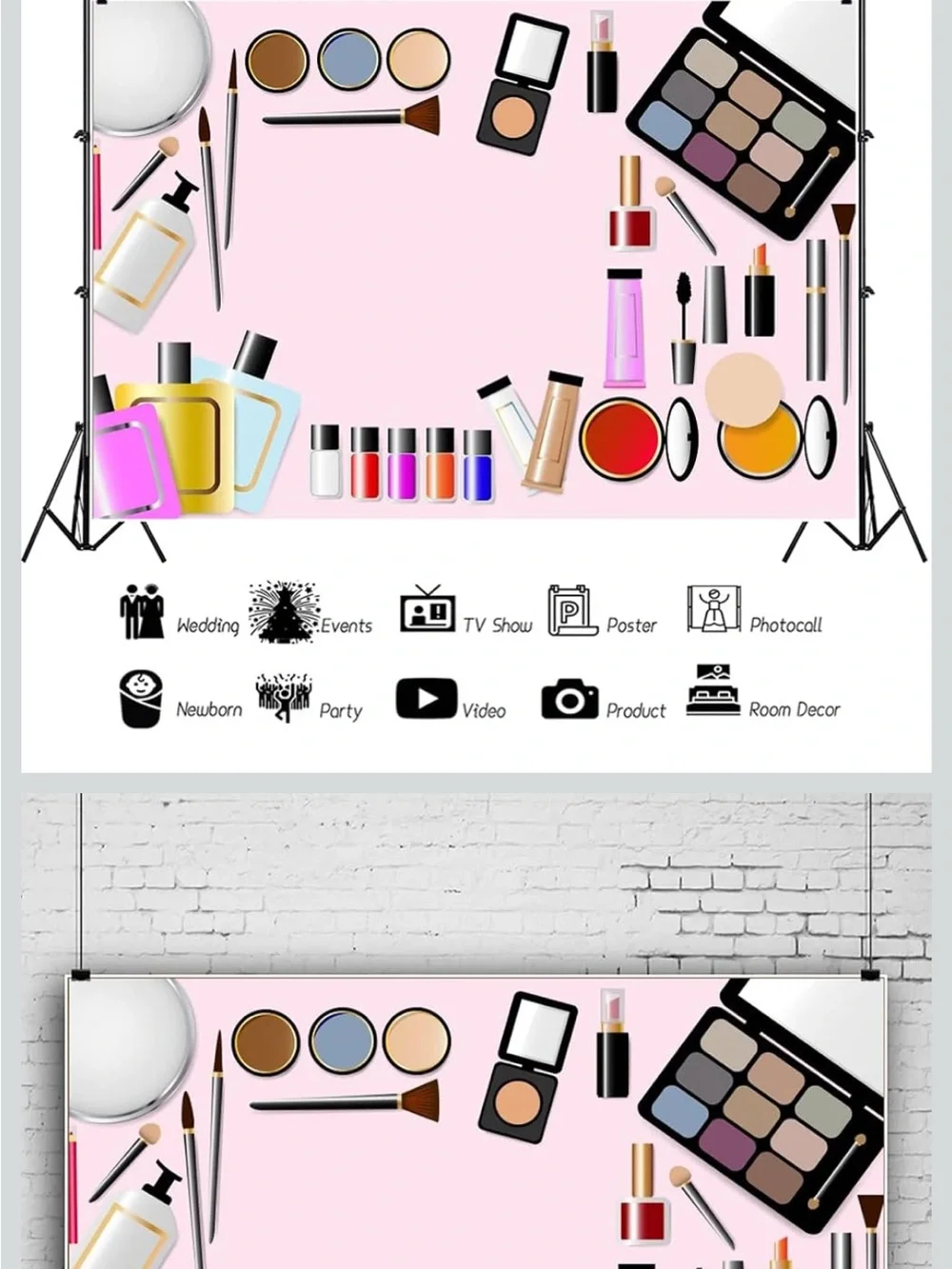 Women Makeup Collection Backdrop - Pink Cosmetic Display